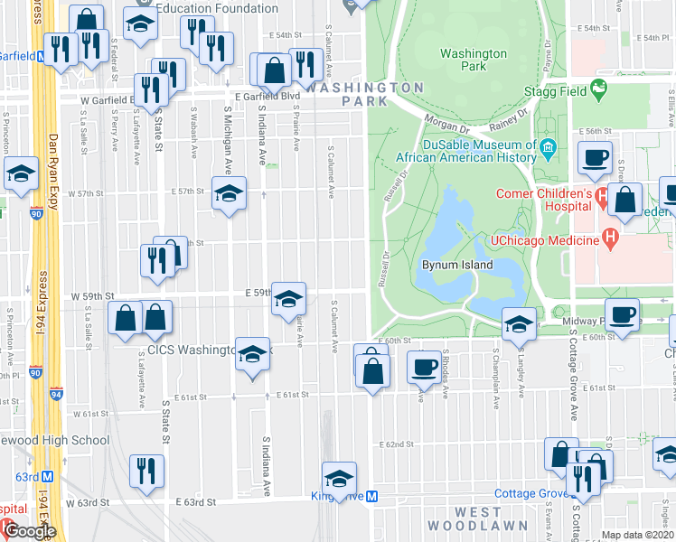 map of restaurants, bars, coffee shops, grocery stores, and more near 5828 South King Drive in Chicago