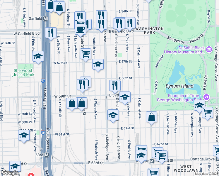 map of restaurants, bars, coffee shops, grocery stores, and more near 5824 South Michigan Avenue in Chicago