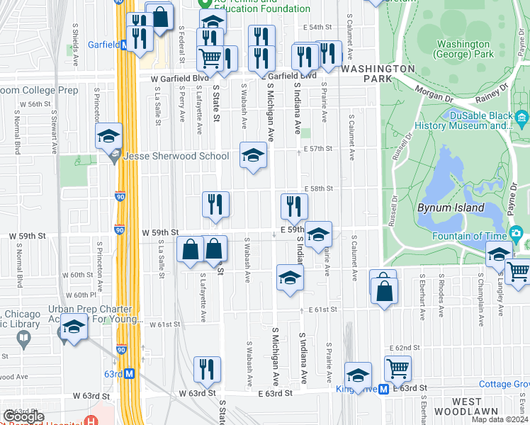 map of restaurants, bars, coffee shops, grocery stores, and more near 5824 South Michigan Avenue in Chicago