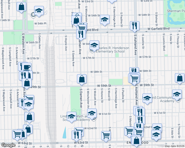 map of restaurants, bars, coffee shops, grocery stores, and more near 5800 South Wolcott Avenue in Chicago