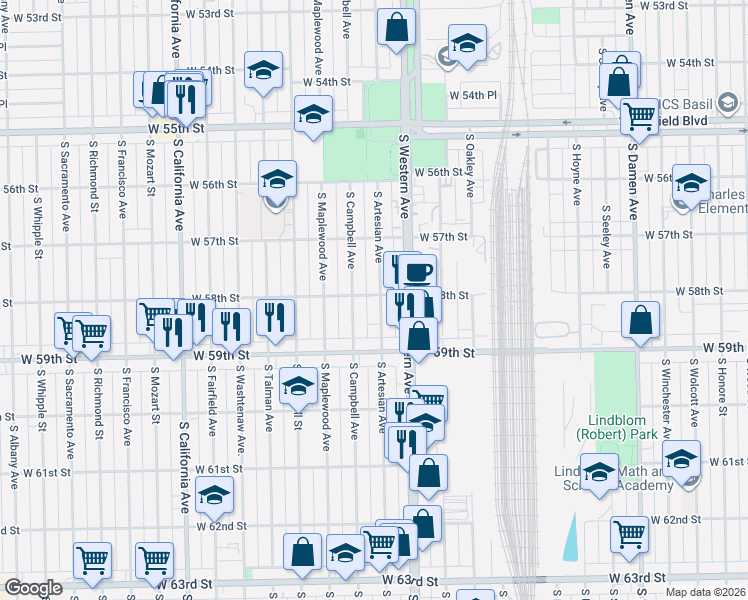 map of restaurants, bars, coffee shops, grocery stores, and more near 5758 South Artesian Avenue in Chicago