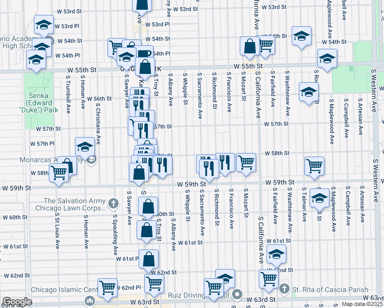 map of restaurants, bars, coffee shops, grocery stores, and more near 5748 South Sacramento Avenue in Chicago