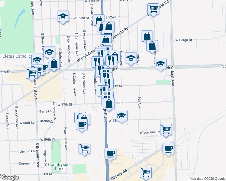 map of restaurants, bars, coffee shops, grocery stores, and more near 9908 56th Street in Countryside