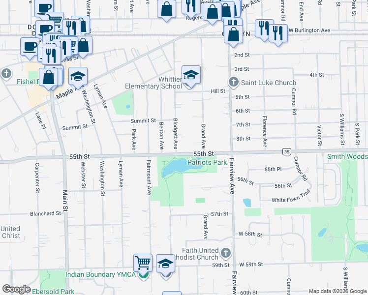 map of restaurants, bars, coffee shops, grocery stores, and more near 5427 Blodgett Avenue in Downers Grove