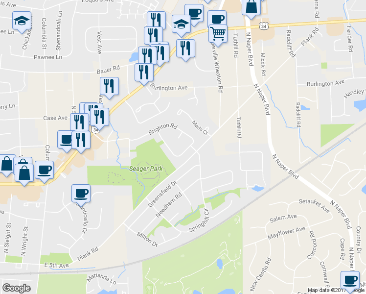 map of restaurants, bars, coffee shops, grocery stores, and more near 1078 Stone Court in Naperville