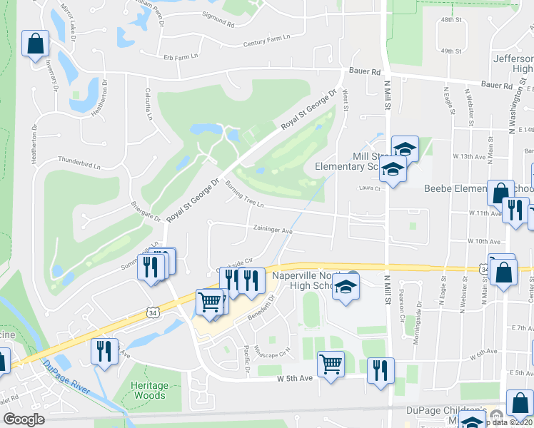 map of restaurants, bars, coffee shops, grocery stores, and more near 713 Burning Tree Lane in Naperville