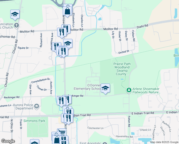 map of restaurants, bars, coffee shops, grocery stores, and more near 1496 McClure Road in Aurora