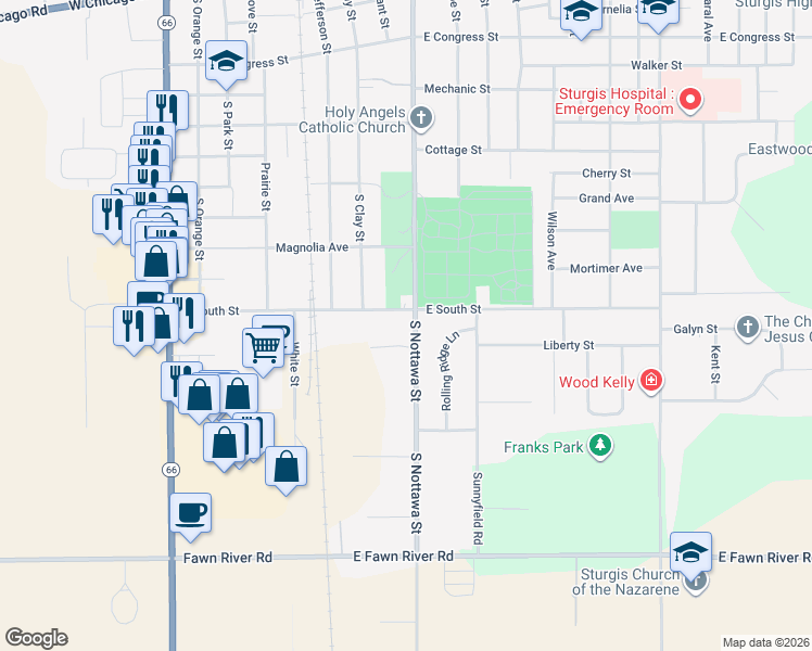 map of restaurants, bars, coffee shops, grocery stores, and more near 69514 South Nottawa Road in Sturgis