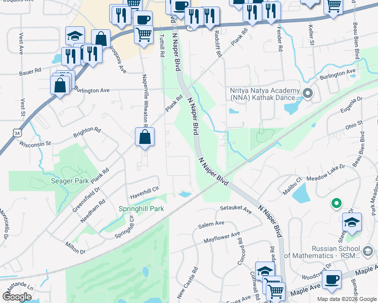 map of restaurants, bars, coffee shops, grocery stores, and more near 1423 Larsen Lane in Naperville