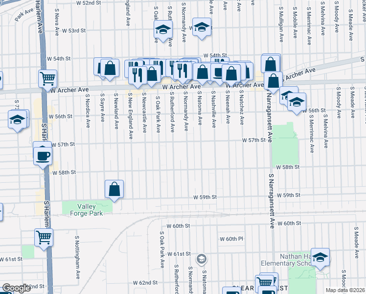 map of restaurants, bars, coffee shops, grocery stores, and more near 5700 South Normandy Avenue in Chicago