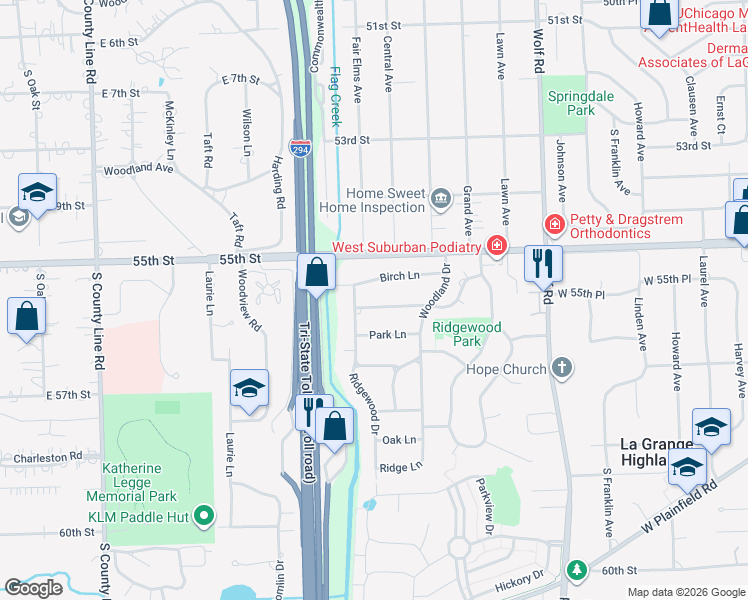 map of restaurants, bars, coffee shops, grocery stores, and more near 1129 Birch Lane in Western Springs