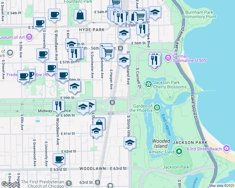 map of restaurants, bars, coffee shops, grocery stores, and more near 1520 East 59th Street in Chicago
