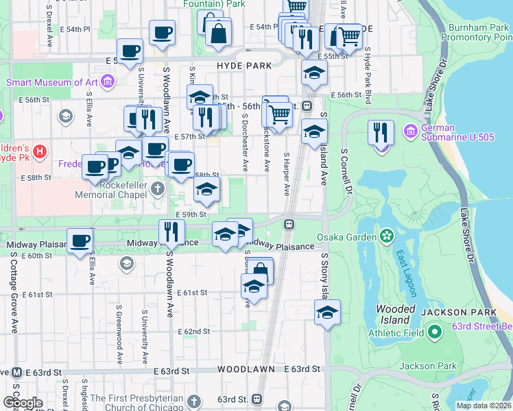 map of restaurants, bars, coffee shops, grocery stores, and more near 1414 East 59th Street in Chicago