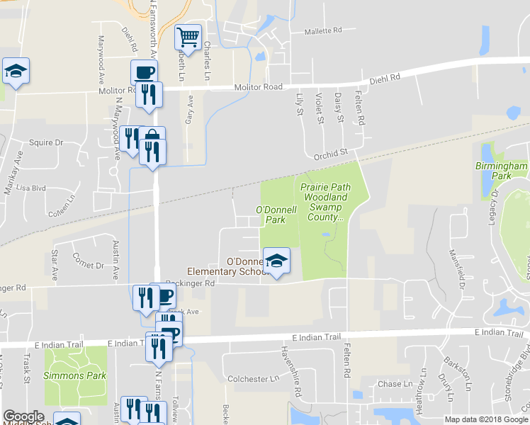 map of restaurants, bars, coffee shops, grocery stores, and more near 1558 McClure Road in Aurora