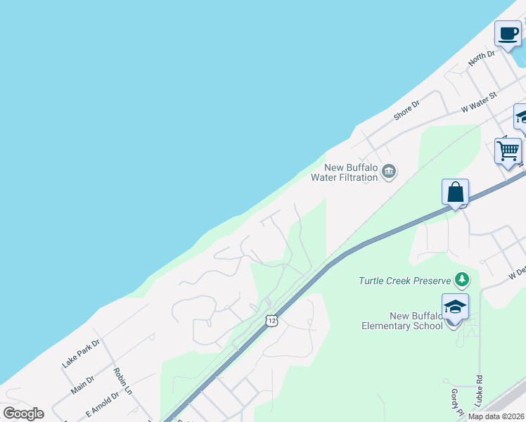 map of restaurants, bars, coffee shops, grocery stores, and more near 13047 Edgewater in New Buffalo