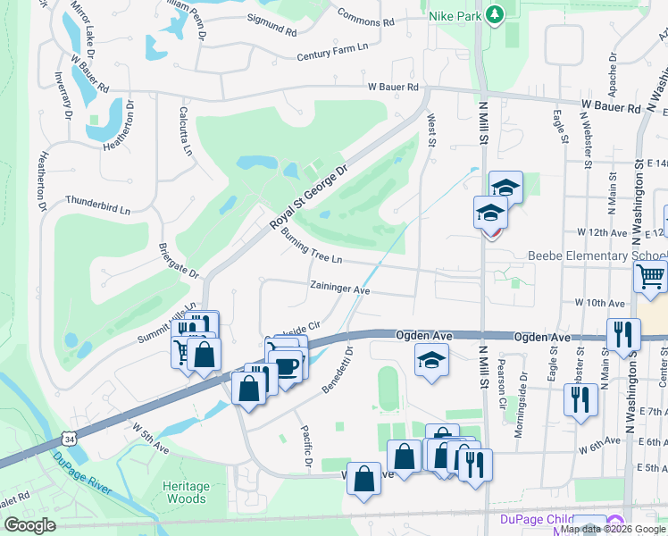 map of restaurants, bars, coffee shops, grocery stores, and more near 713 Burning Tree Lane in Naperville