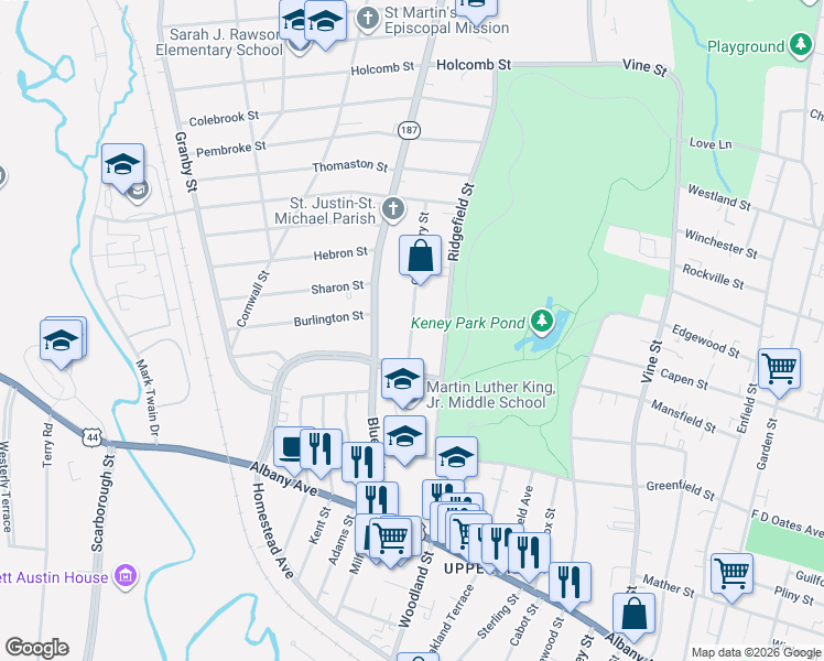 map of restaurants, bars, coffee shops, grocery stores, and more near 35 Canterbury St in Hartford