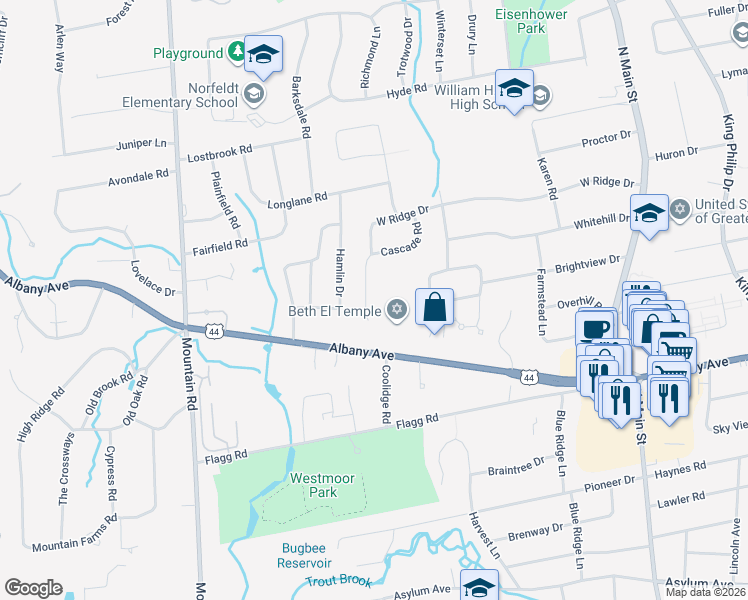 map of restaurants, bars, coffee shops, grocery stores, and more near 2626 Albany Avenue in West Hartford
