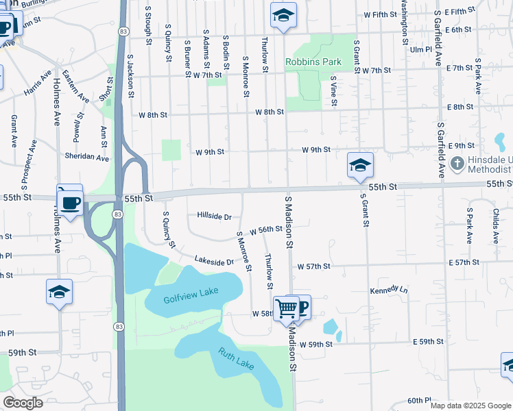 map of restaurants, bars, coffee shops, grocery stores, and more near 5504 South Madison Street in Hinsdale