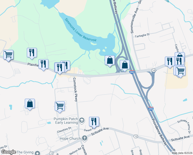 map of restaurants, bars, coffee shops, grocery stores, and more near 2110 Rhode Island 14 in Johnston