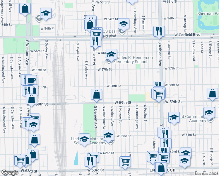 map of restaurants, bars, coffee shops, grocery stores, and more near 5800 South Wolcott Avenue in Chicago