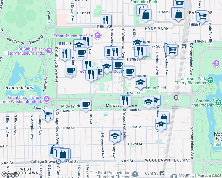 map of restaurants, bars, coffee shops, grocery stores, and more near 5848 South University Avenue in Chicago