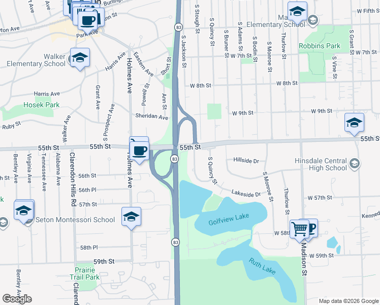 map of restaurants, bars, coffee shops, grocery stores, and more near 5507 South Stough Street in Hinsdale