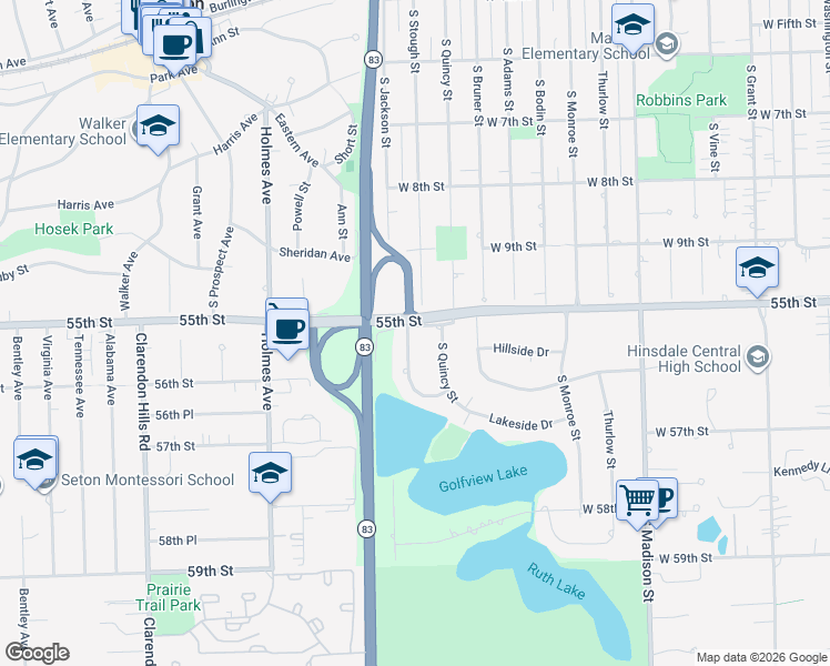 map of restaurants, bars, coffee shops, grocery stores, and more near 5507 South Stough Street in Hinsdale