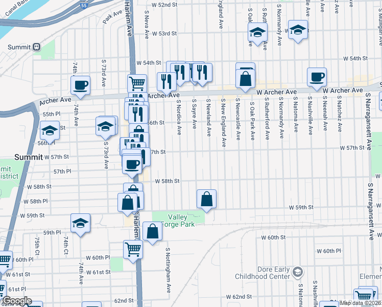 map of restaurants, bars, coffee shops, grocery stores, and more near 5658 South Sayre Avenue in Chicago