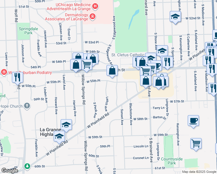 map of restaurants, bars, coffee shops, grocery stores, and more near 5603 Leitch Avenue in Countryside