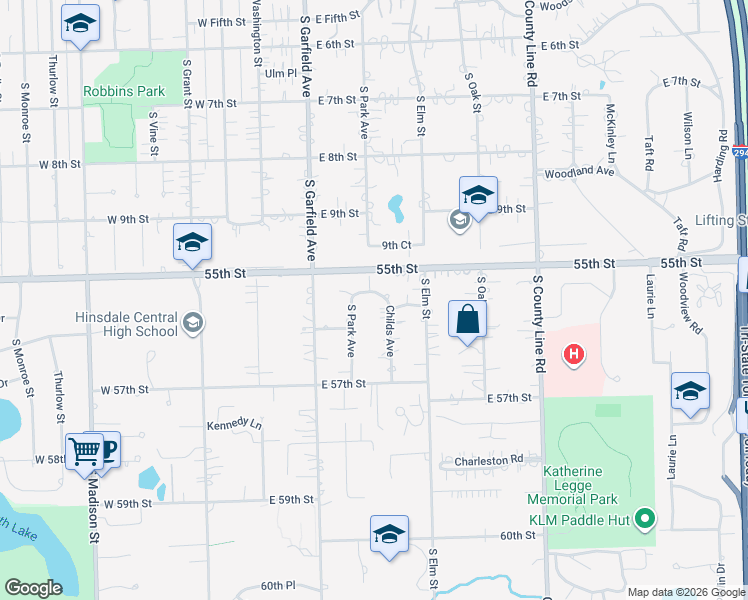 map of restaurants, bars, coffee shops, grocery stores, and more near 5514 Childs Avenue in Hinsdale