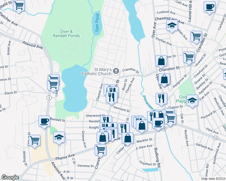 map of restaurants, bars, coffee shops, grocery stores, and more near 1556 Cranston Street in Cranston