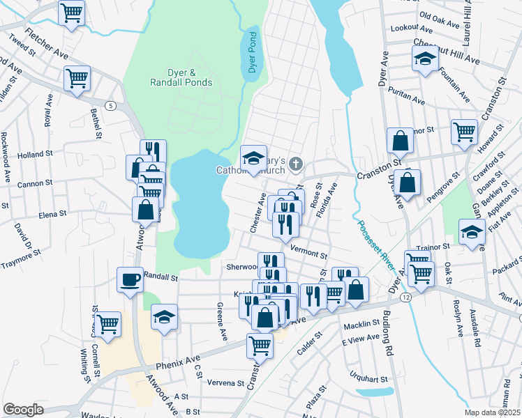map of restaurants, bars, coffee shops, grocery stores, and more near 31 Batcheller Avenue in Cranston