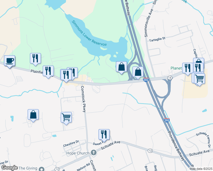 map of restaurants, bars, coffee shops, grocery stores, and more near 2110 Rhode Island 14 in Johnston