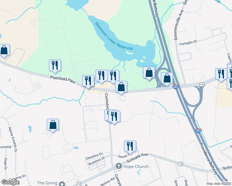 map of restaurants, bars, coffee shops, grocery stores, and more near 10 Comstock Parkway in Cranston