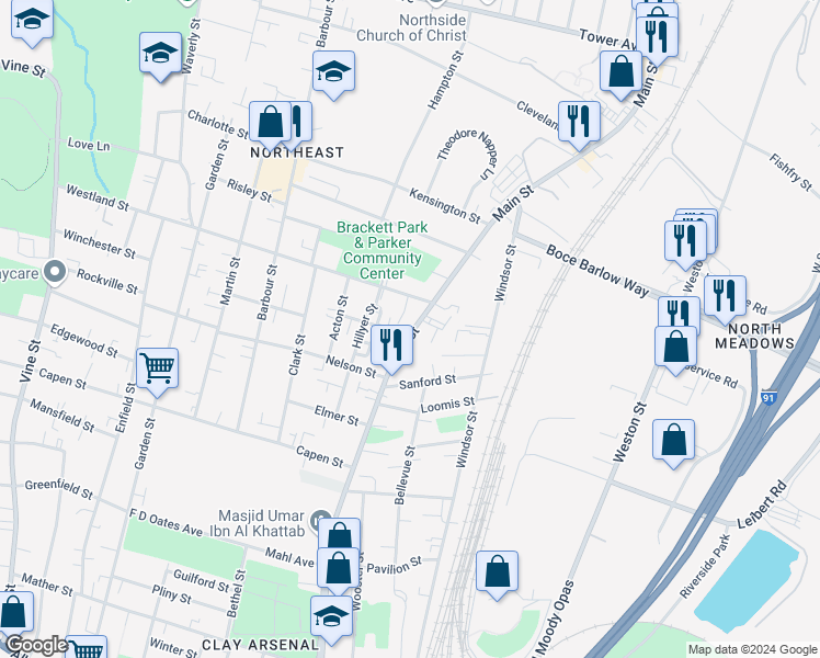 map of restaurants, bars, coffee shops, grocery stores, and more near 1 Alan Green Way in Hartford