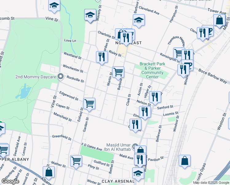 map of restaurants, bars, coffee shops, grocery stores, and more near 110 Martin Street in Hartford