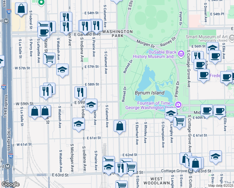map of restaurants, bars, coffee shops, grocery stores, and more near 5828 South King Drive in Chicago