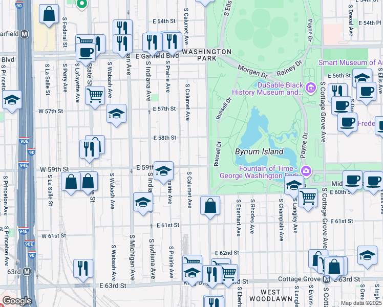 map of restaurants, bars, coffee shops, grocery stores, and more near 5828 South King Drive in Chicago