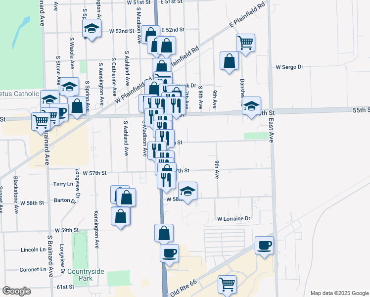 map of restaurants, bars, coffee shops, grocery stores, and more near 9908 56th Street in Countryside