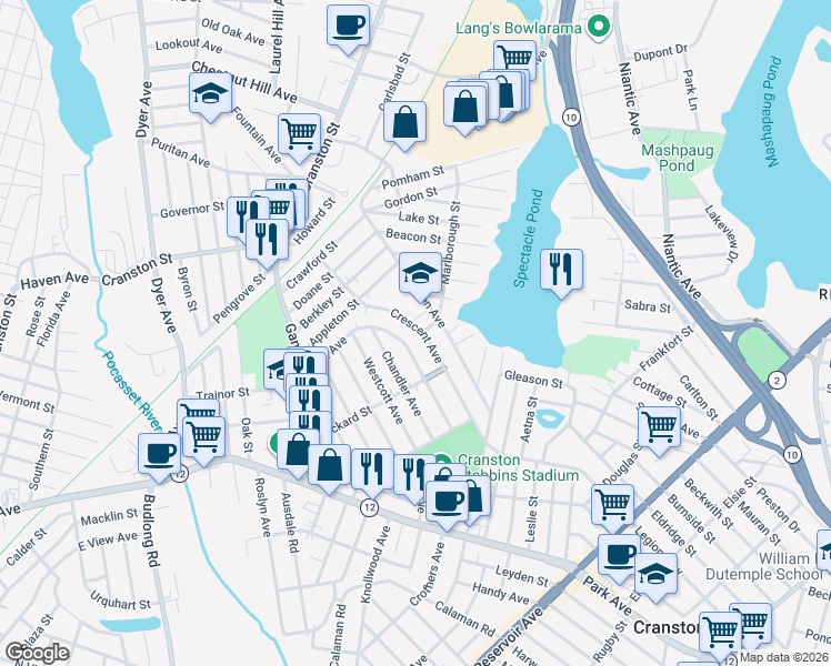 map of restaurants, bars, coffee shops, grocery stores, and more near 7 Wessex Street in Cranston