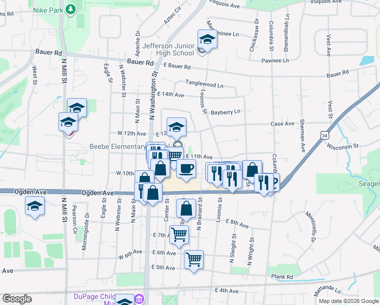 map of restaurants, bars, coffee shops, grocery stores, and more near 110 East 11th Avenue in Naperville