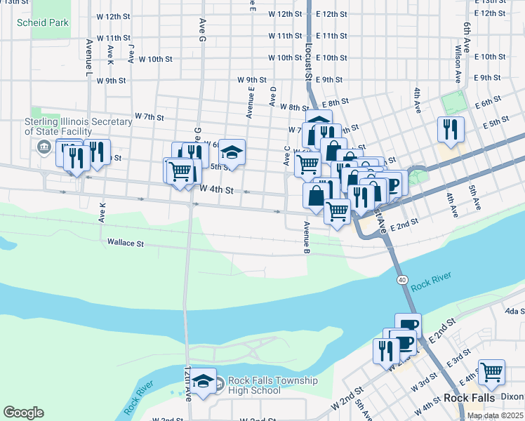 map of restaurants, bars, coffee shops, grocery stores, and more near 300 Avenue D in Sterling