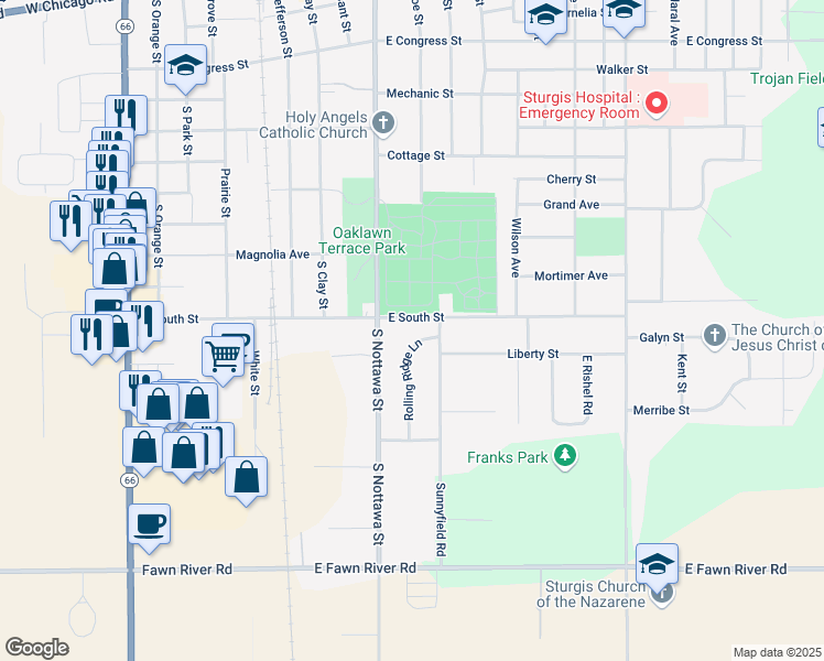map of restaurants, bars, coffee shops, grocery stores, and more near 1303 Rolling Ridge Lane in Sturgis