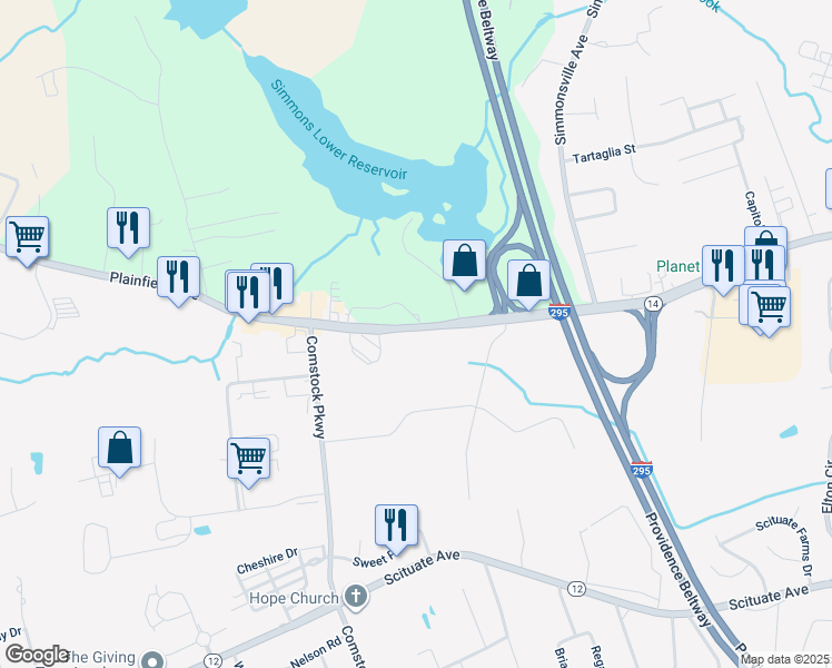 map of restaurants, bars, coffee shops, grocery stores, and more near 2110 Rhode Island 14 in Johnston