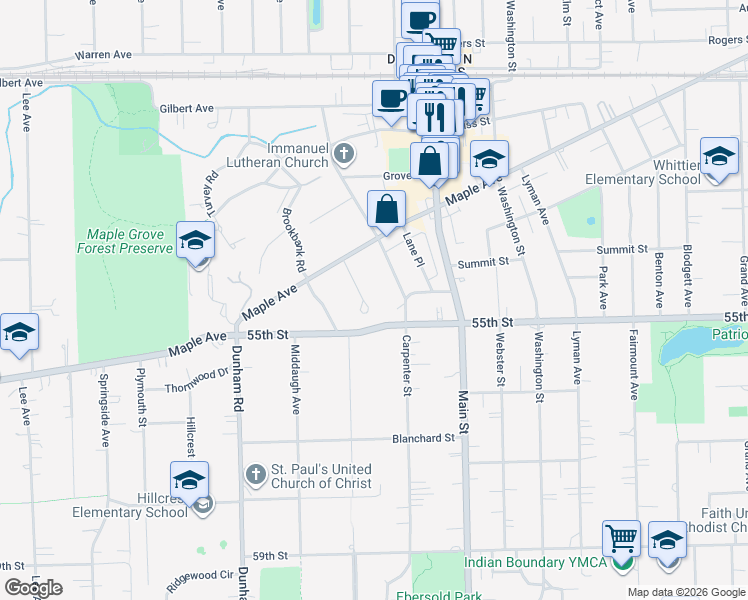 map of restaurants, bars, coffee shops, grocery stores, and more near 5413 Maplewood Place in Downers Grove