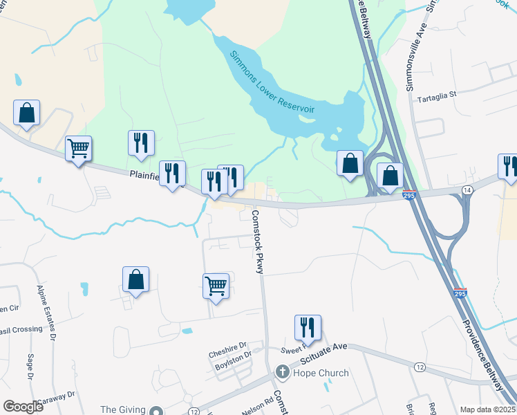 map of restaurants, bars, coffee shops, grocery stores, and more near 10 Comstock Parkway in Cranston