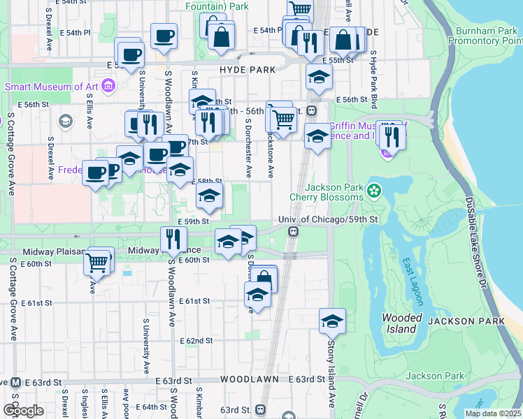 map of restaurants, bars, coffee shops, grocery stores, and more near 5821 South Dorchester Avenue in Chicago
