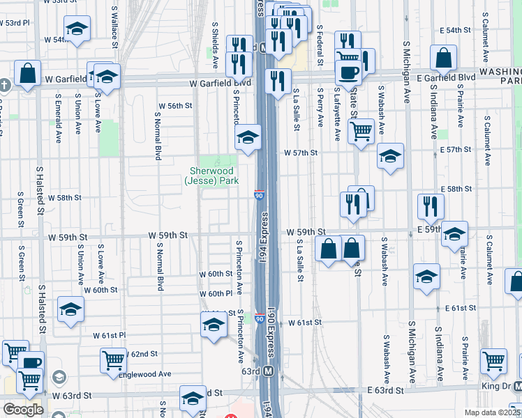 map of restaurants, bars, coffee shops, grocery stores, and more near 225 West 58th Street in Chicago