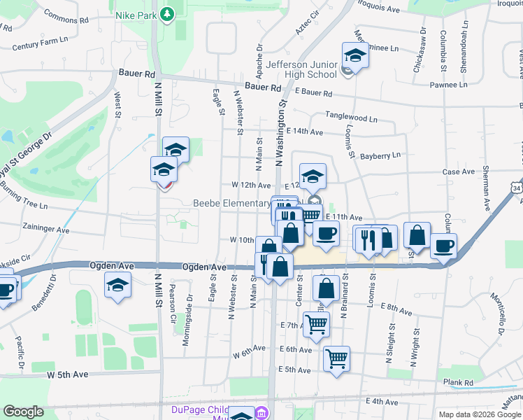 map of restaurants, bars, coffee shops, grocery stores, and more near 1111 North Washington Street in Naperville